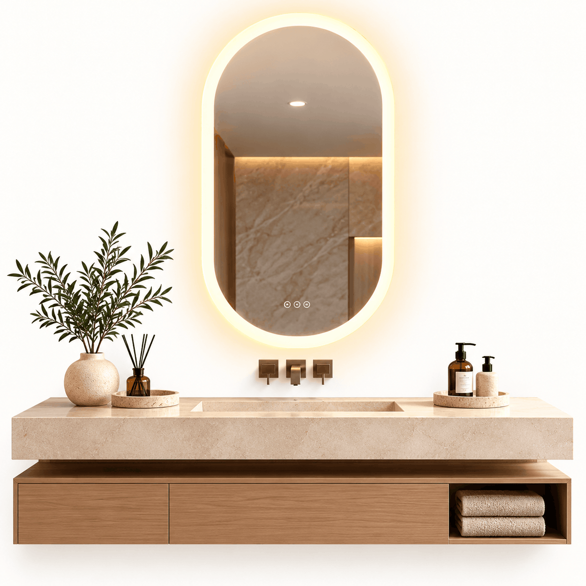 Oval LED bathroom mirror with a warm glowing edge above a stone vanity with a plant, diffuser and soap bottles