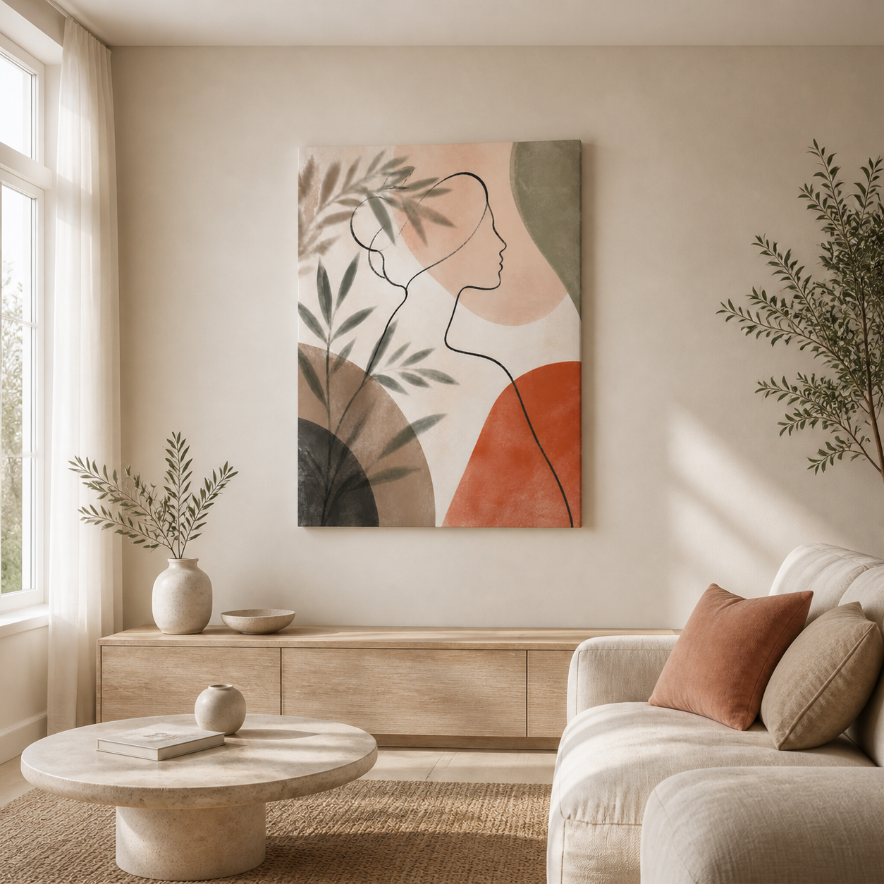 Quiet Muse stretched canvas in a styled living room – full square lifestyle view