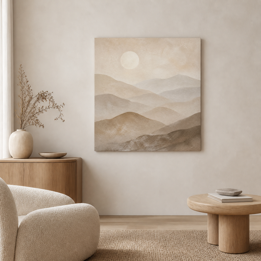 Quiet Ranges stretched canvas in a neutral interior
