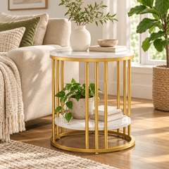 Round gold frame side table with white marble look tops beside a cream sofa holding a vase, a bowl, a plant and books