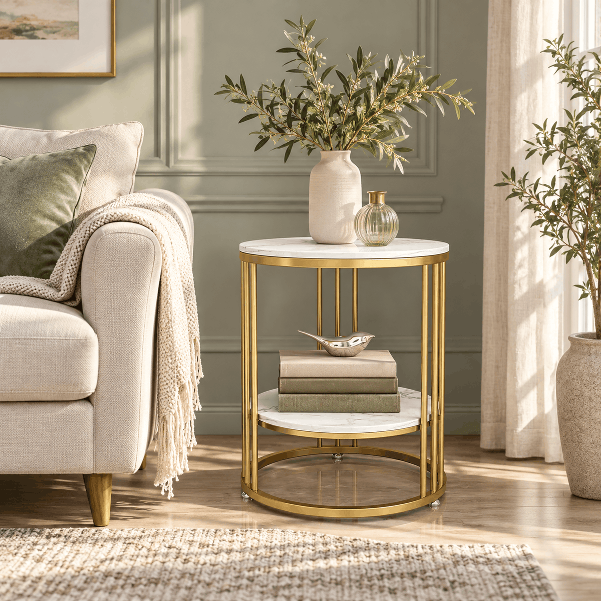 Round two tier side table with a gold frame and marble look tops beside a sofa holding olive stems, a small vase and books