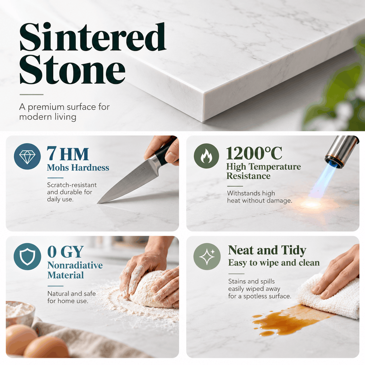 Collage of a white stone tabletop corner with a knife, a flame, dough and a cloth on a spill