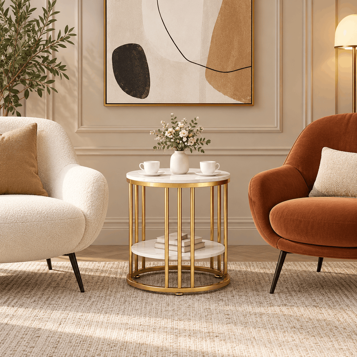 Small round gold frame side table with white tops between a cream armchair and a rust armchair holding two cups and flowers