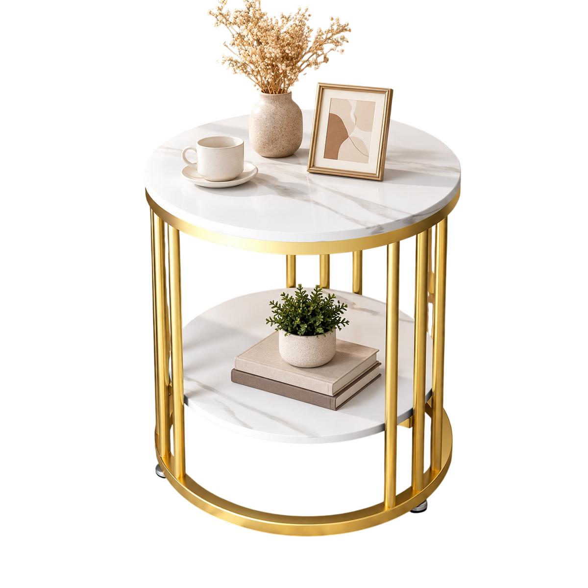 Round two tier side table with white marble look tops and a gold bar frame holding a vase, a cup, a picture frame and books