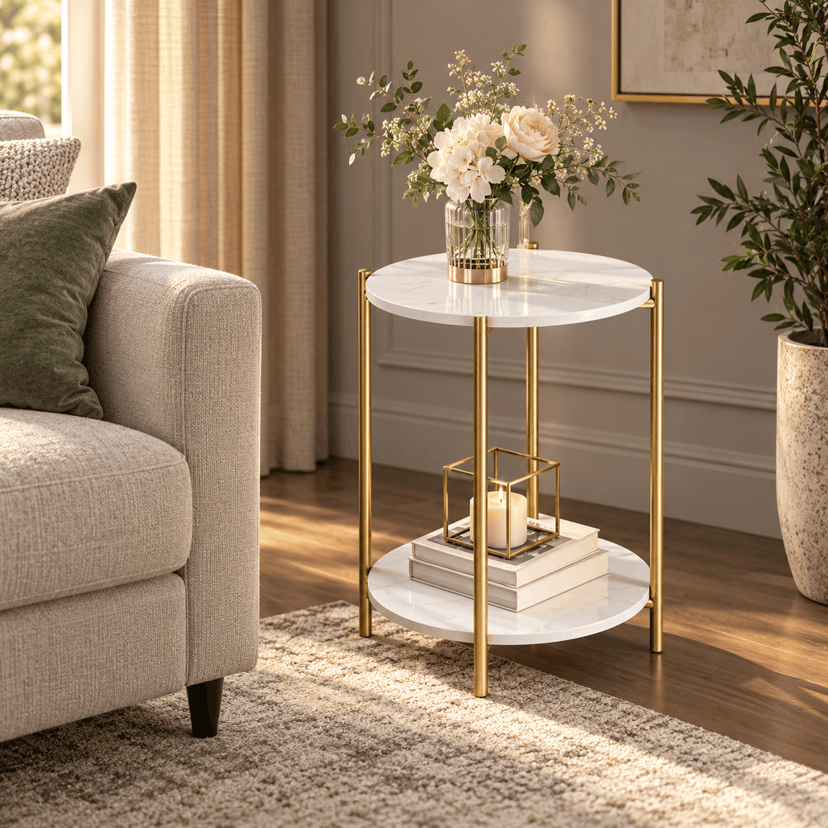Round gold leg side table with two white marble look tops beside a cream sofa holding flowers, a candle and books