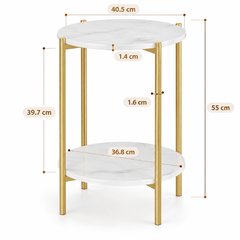 Second dimensions diagram of the round two tier side table showing top width, height, shelf gap and shelf diameter