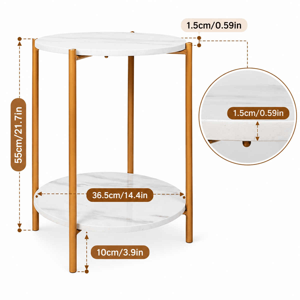 Dimensions diagram of the round two tier side table showing height, shelf diameter, leg height and top thickness