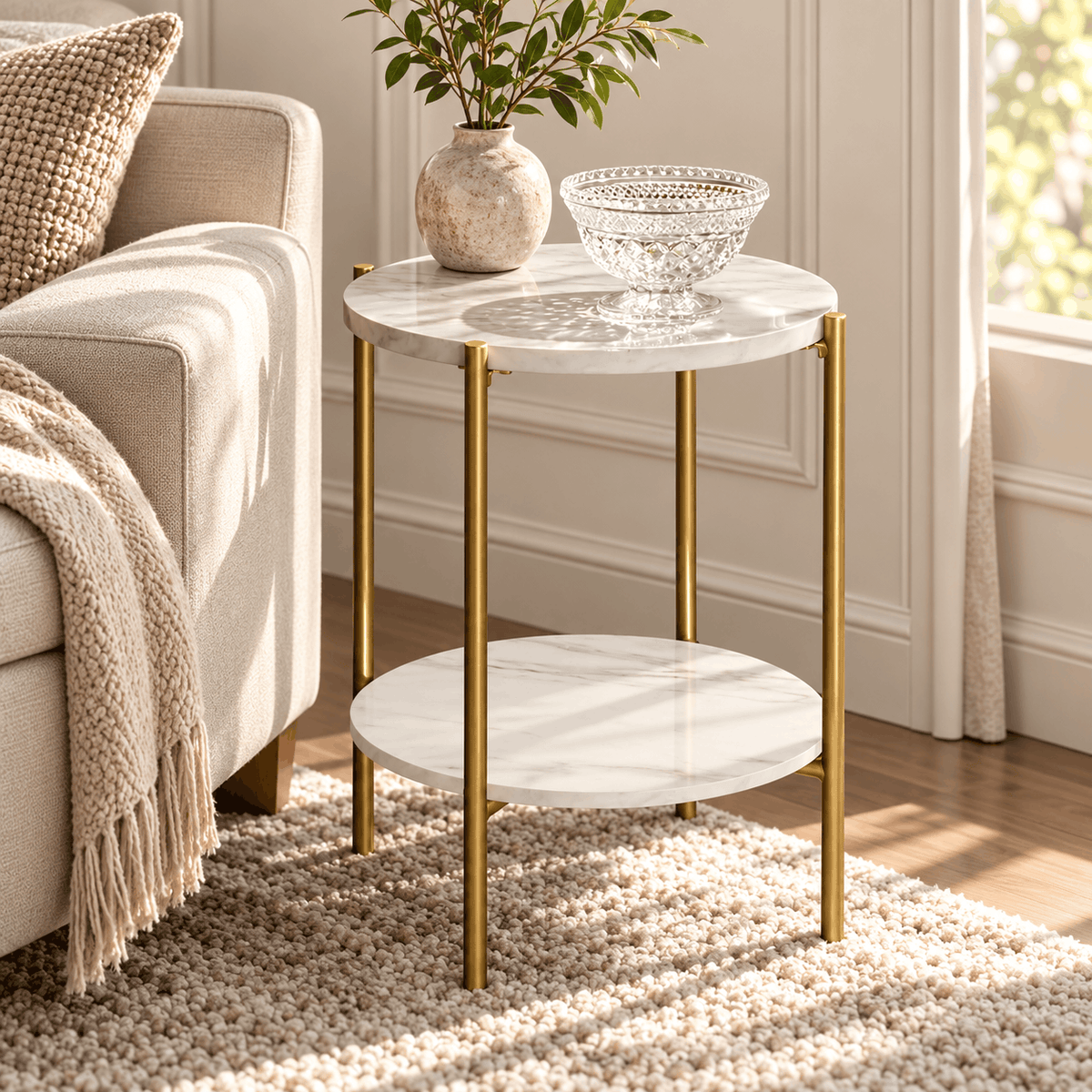White marble look round side table with gold legs beside a sofa holding a vase with leaves and a glass bowl on the top