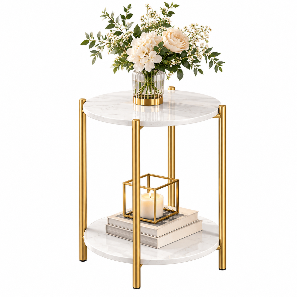 Round two tier side table with white marble look tops and four gold legs holding a vase of flowers, a candle and books