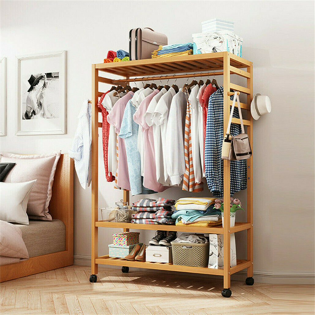 Clothes rack wheels and lower bamboo shoe shelf detail