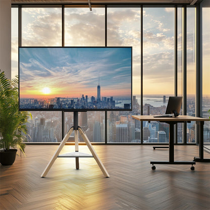 P&P 32-75 Inch Swivel Tripod TV Stand Stable Wooden Legs TV Mount with Marble Shelf