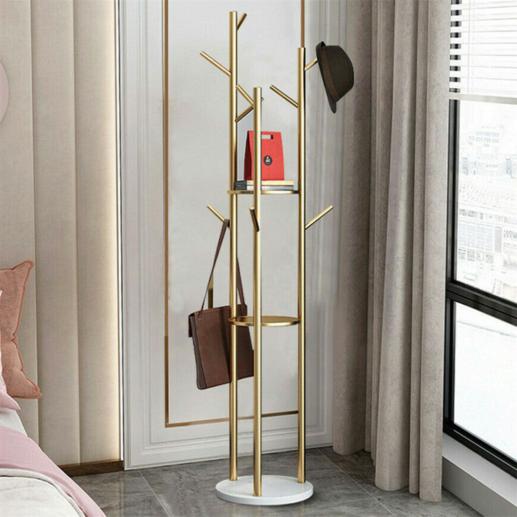 P&P Gold Metal Floor Coat Rack Stand Independent Marble Base Hat Clothes Hanger Tree