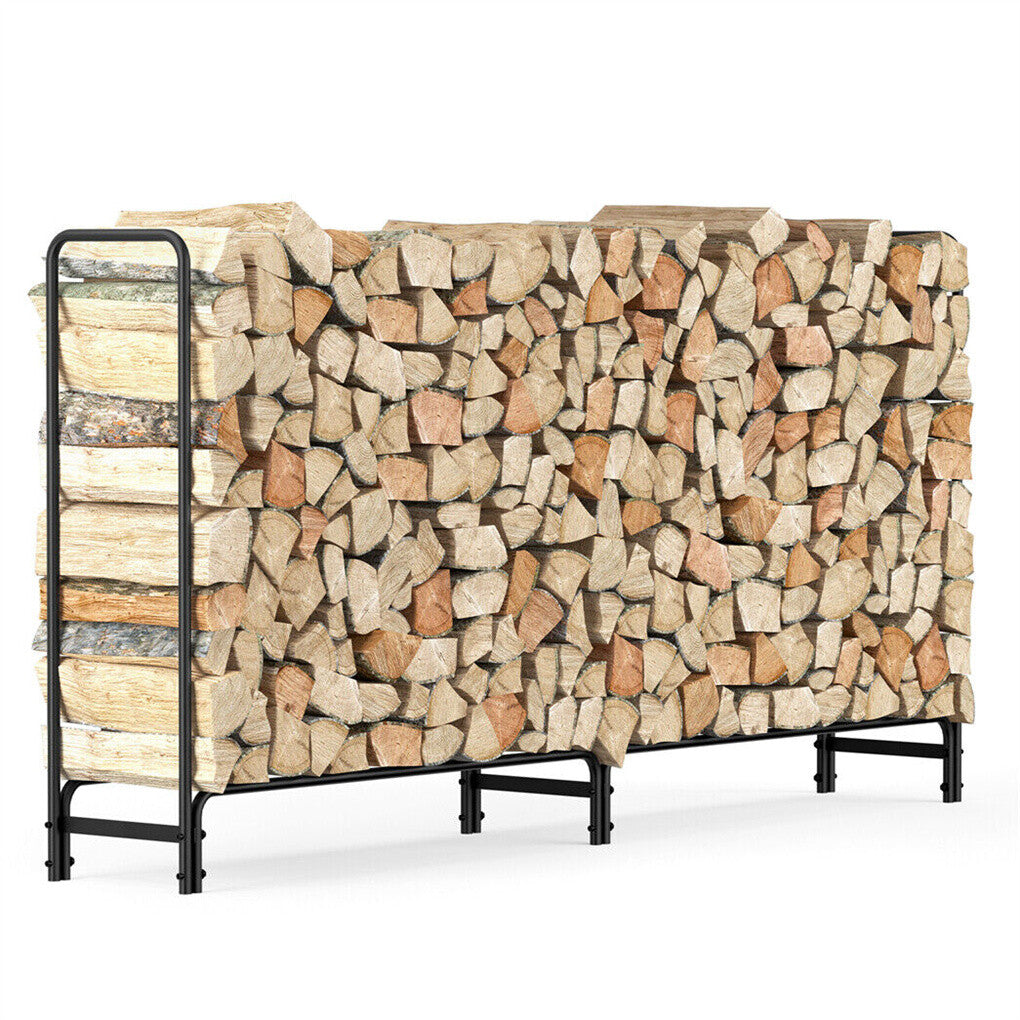 Eight-foot heavy-duty black metal firewood rack