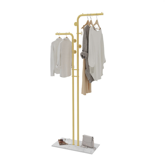 P&P Gold Double-pole Coat Rack Sturdy Marble Base Stand Freestanding Hall Tree wHook