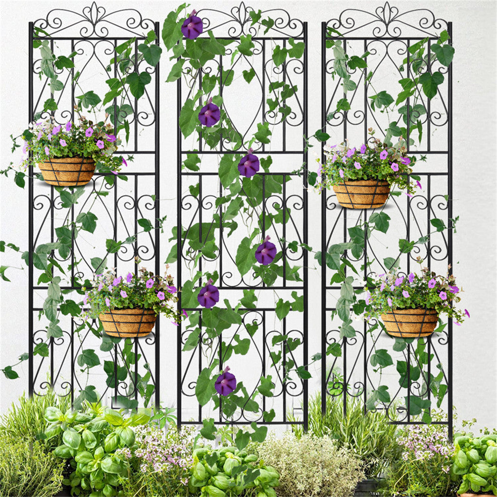 Black trellis panel with decorative scroll pattern