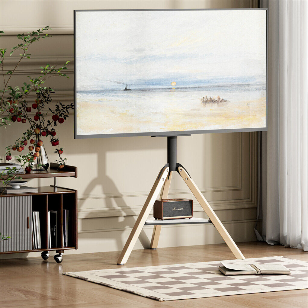 P&P 32-75 Inch Swivel Tripod TV Stand Stable Wooden Legs TV Mount with Marble Shelf