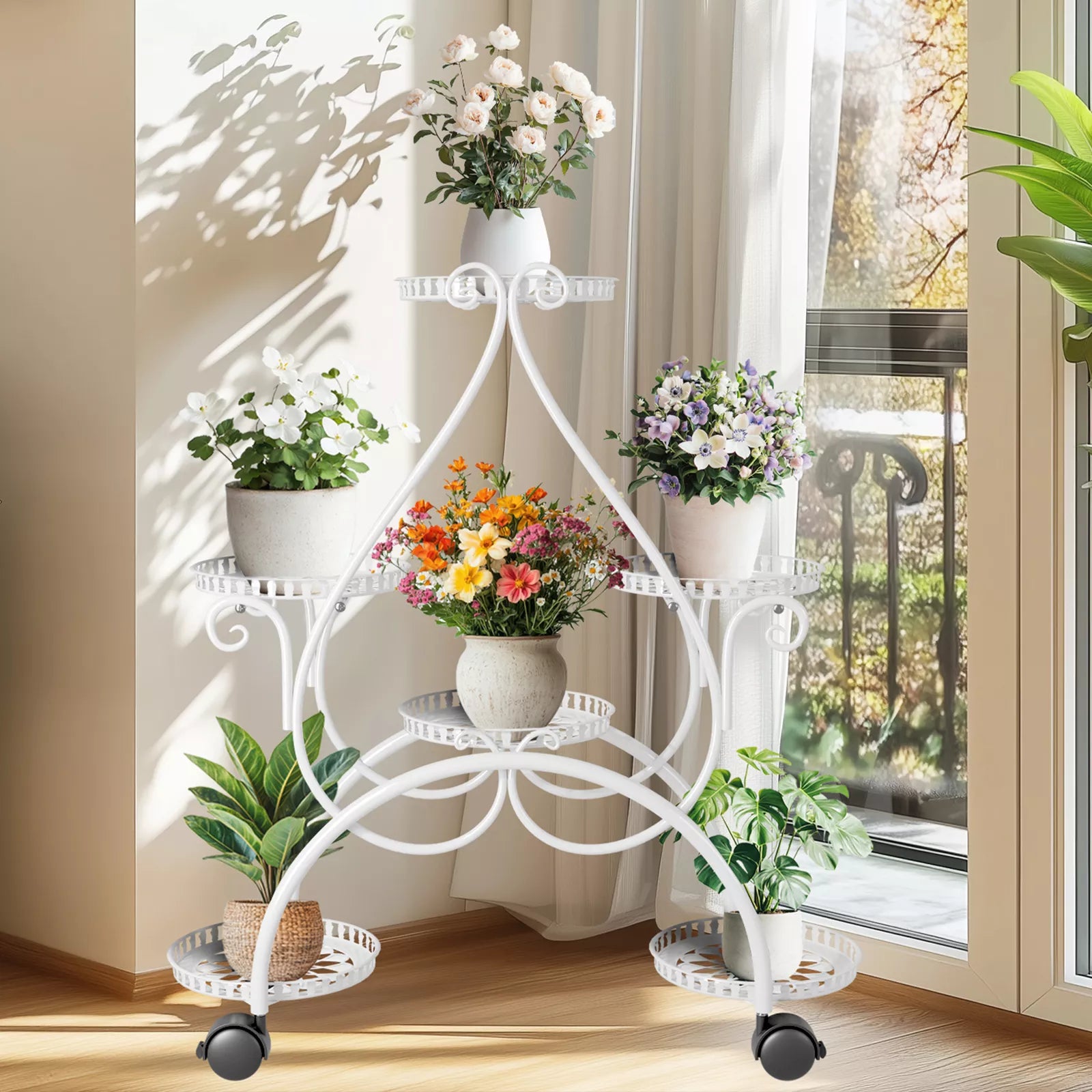 White wheeled flower pot stand in an indoor setting