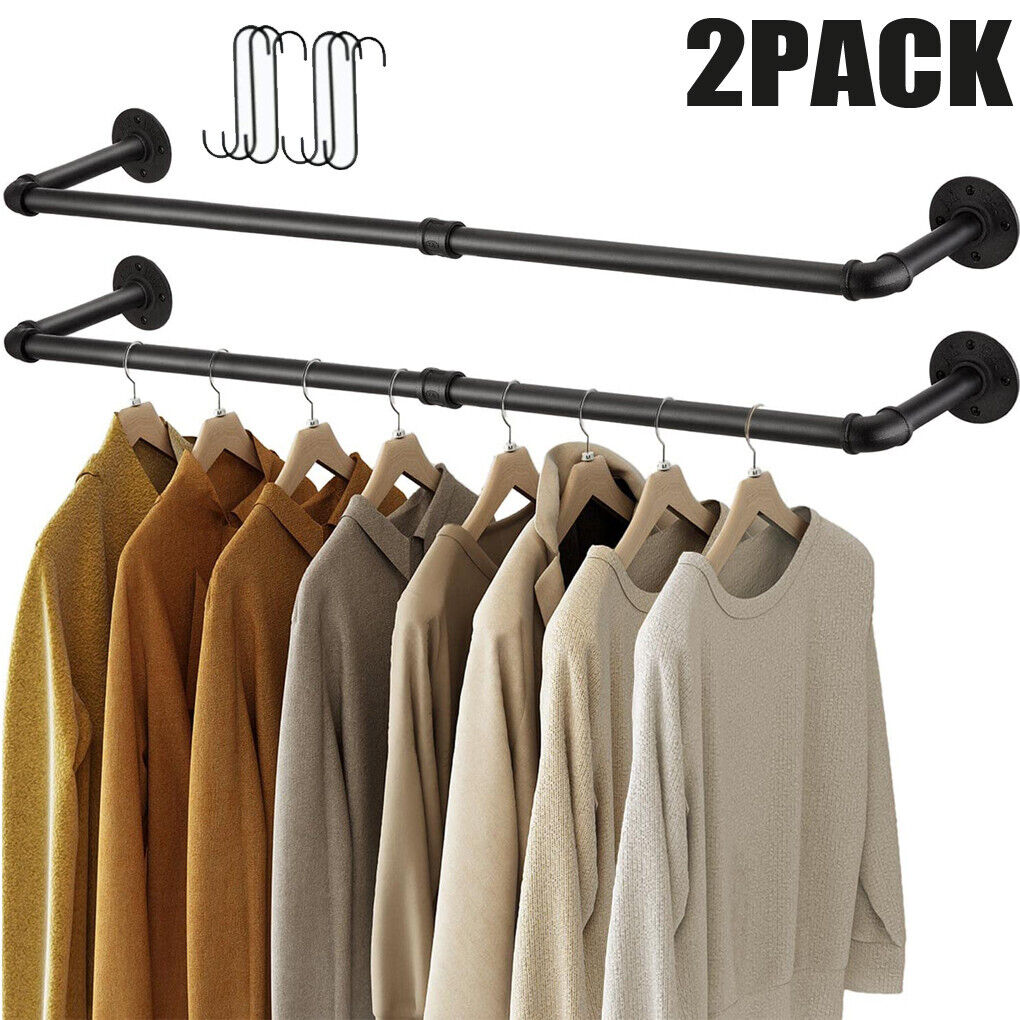 P&P Set of 2 Heavy Duty Wall Mounted Closet Rods Detachable Clothes Rack Garment Bar