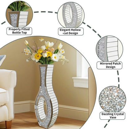 P&P 30-Inch Tall Double Sided Crushed Diamond Floor Vase Large Mirrored Silver Crystal Decor