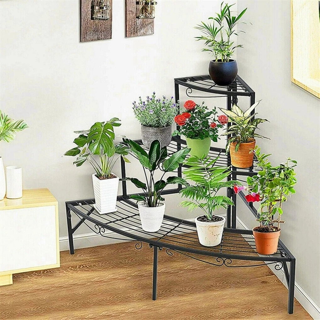 3 Tier Metal Plant Stand Corner Flower Pot Display Rack Indoor Outdoor Flower Shelf Black Iron Ladder Organizer