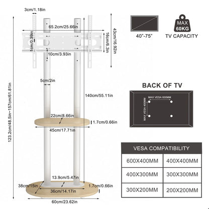 40-75 Inches Heavy Duty Mobile TV Floor Stand with Wooden Shelf, Height Adjustable Rolling TV Mount for Flat Screen, Free-Standing Steel TV Bracket with Wheels