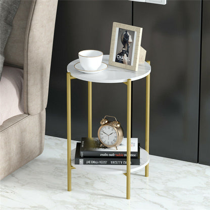 P&P White Marble Side End Table 2Tier Round Nightstand w/ Storage Shelf Living Room