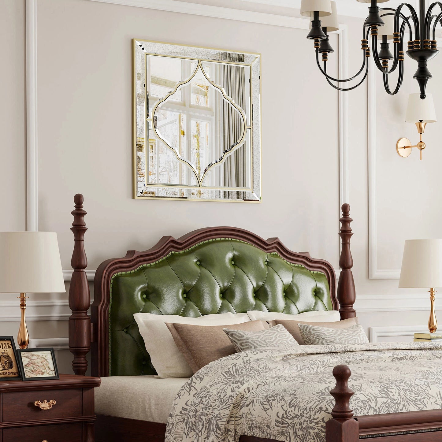 Square wall mirror with golden edge, styled in room