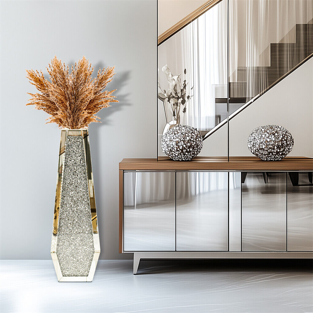 Silver crystal floor vase styled in a living room