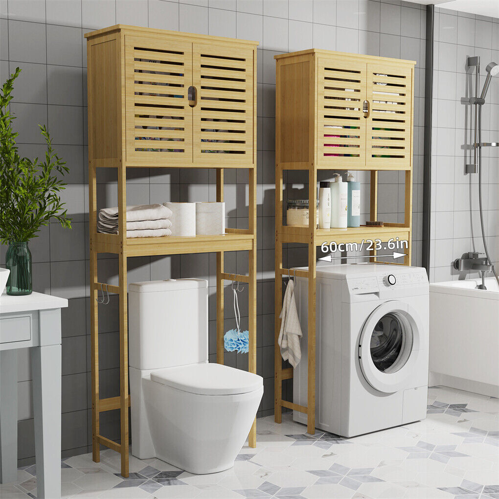 Four side hooks on bamboo bathroom storage unit