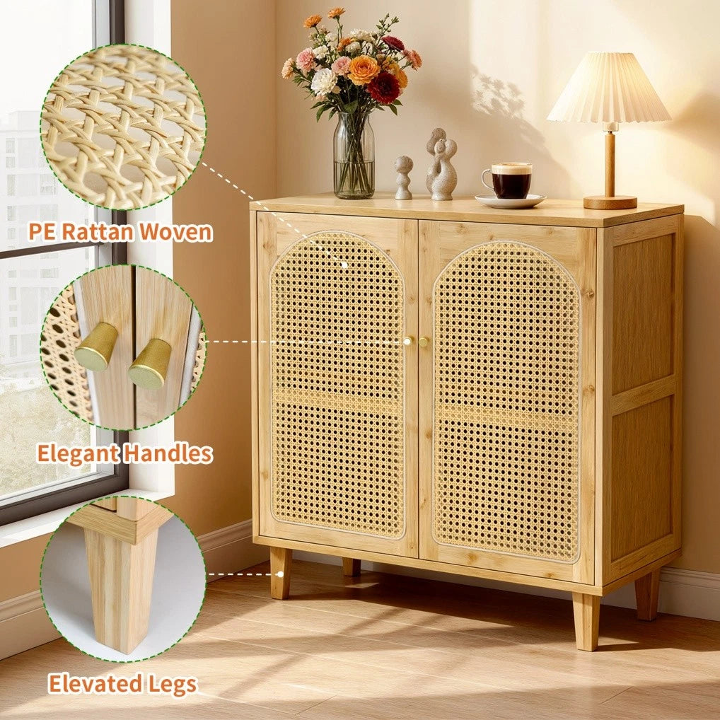 Bamboo Kitchen Buffet Sideboard Storage Cabinet XL - Modern Rattan Cupboard with Shelves for Dining Room Hallway Living Room