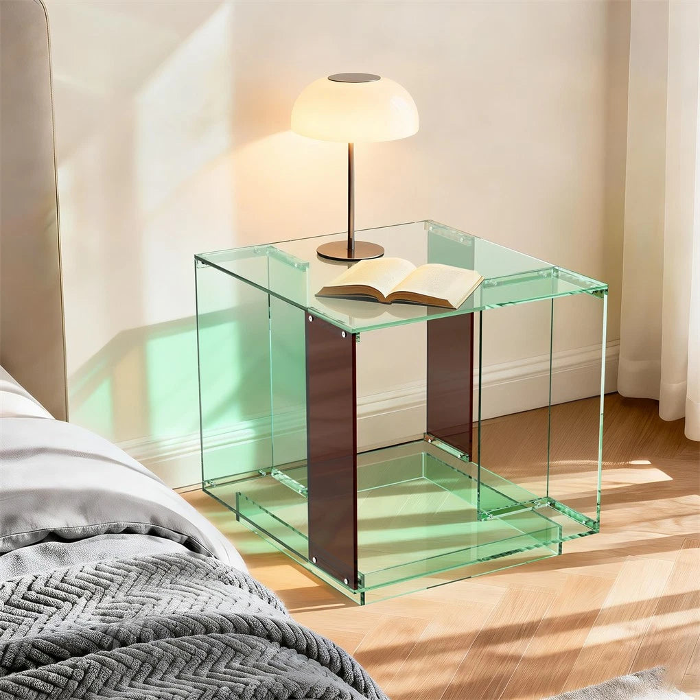 2 Tier Green Tinted Acrylic Side Table Square Bedside End Table with Open Storage