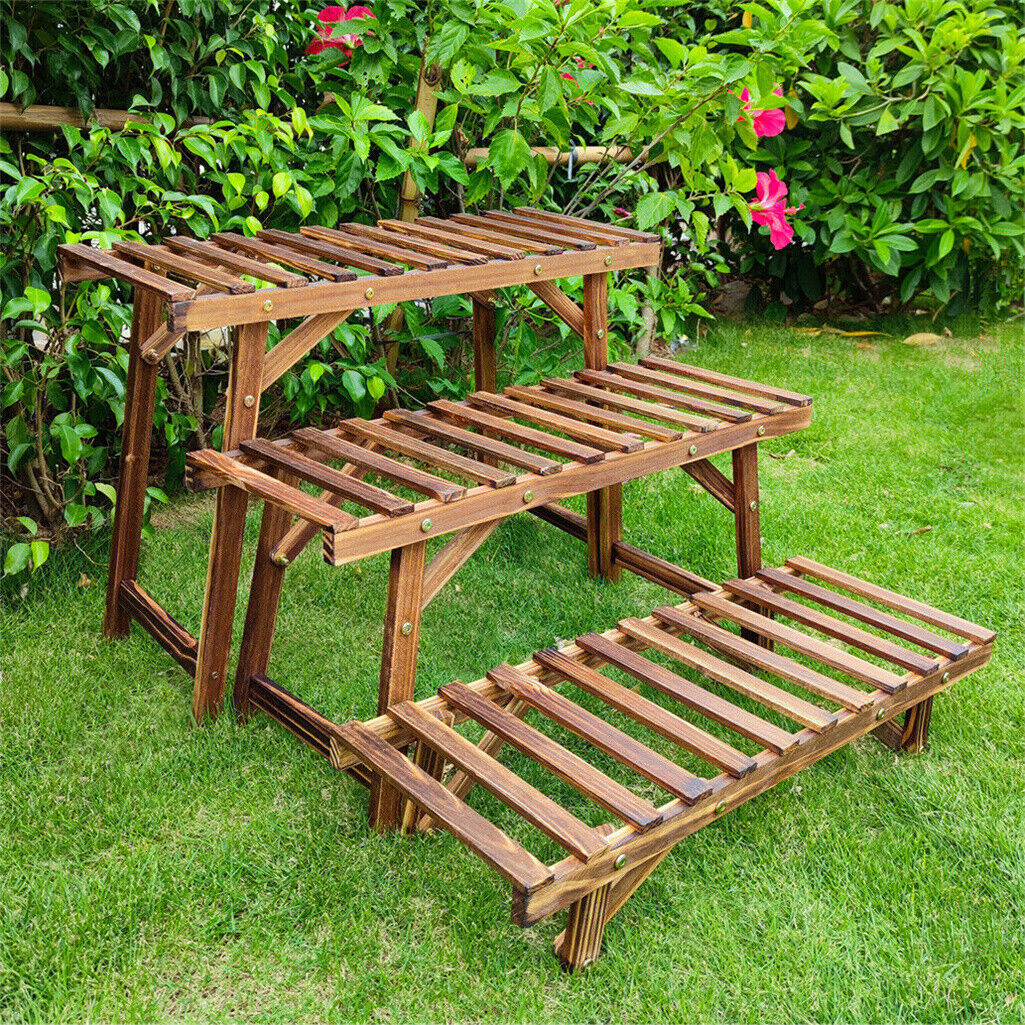 P&P DIY 3 Tier Wide Ladder Plant Stand Outdoor Step Heavy Duty Wood Rack Stair Style