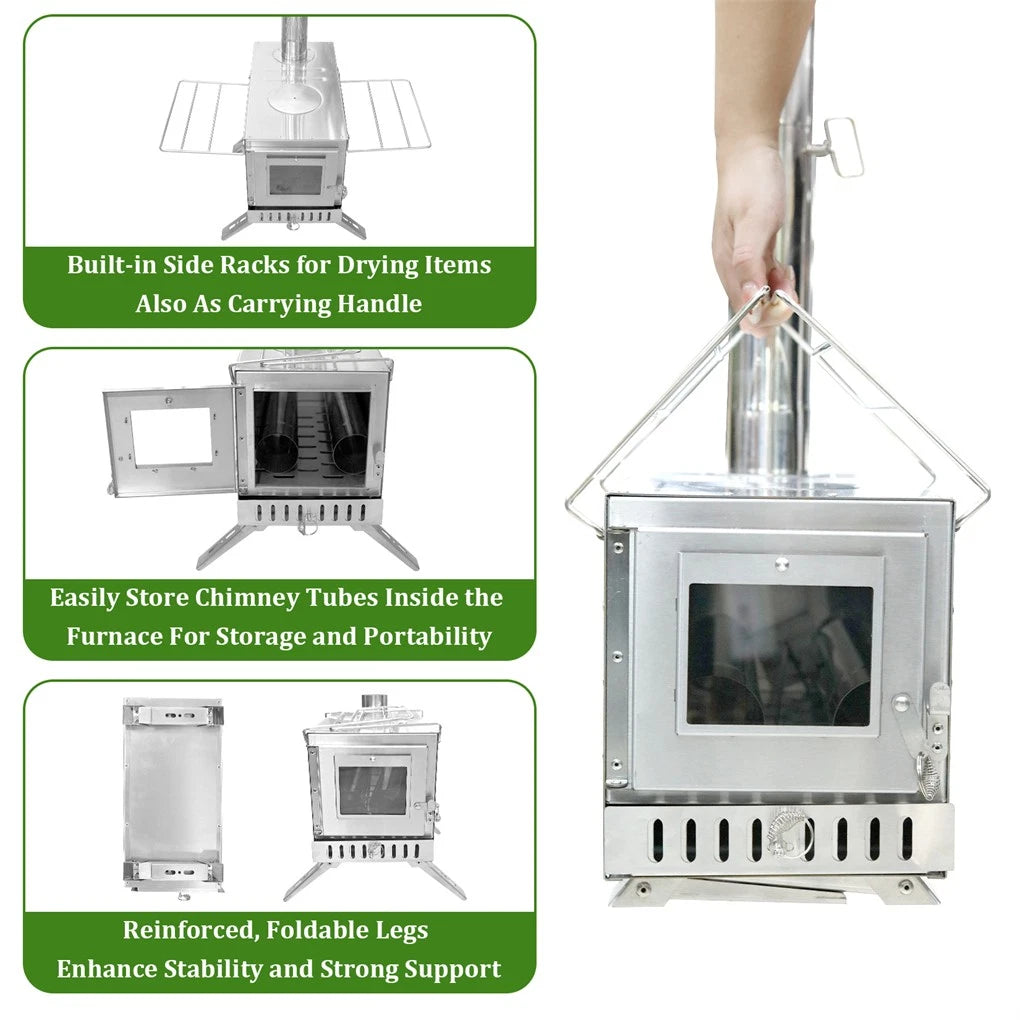 Portable Wood Burning Camping Stove with Chimney Pipes - Stainless Steel Tent Heater Cooker - Hot Tent Stove with Spark Arrestor - Outdoor Hiking Heating Stove