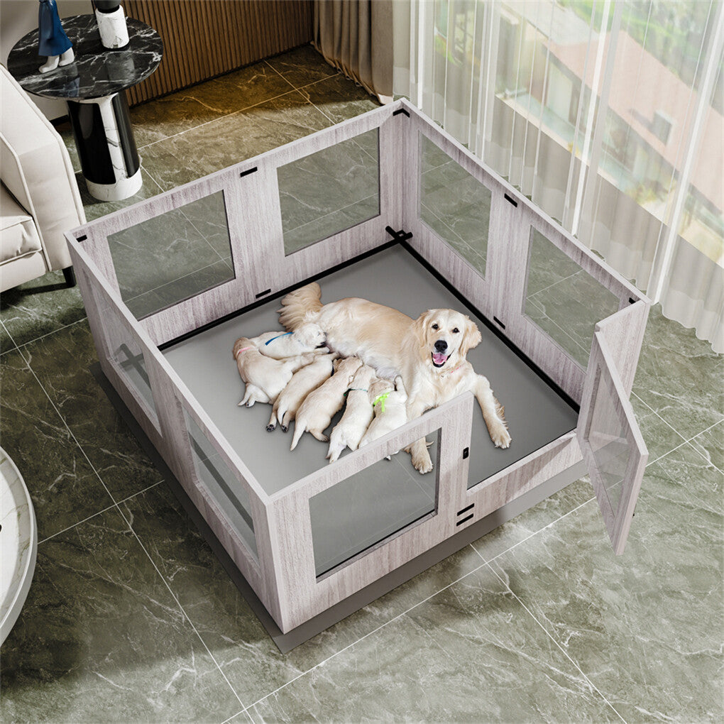Eight-panel puppy whelping enclosure with clear sides
