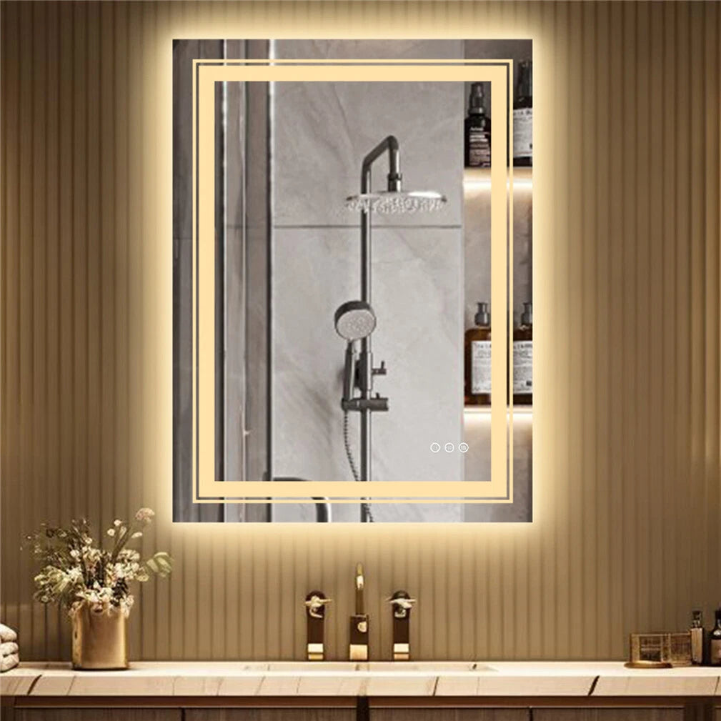 Backlit bathroom mirror close-up detail