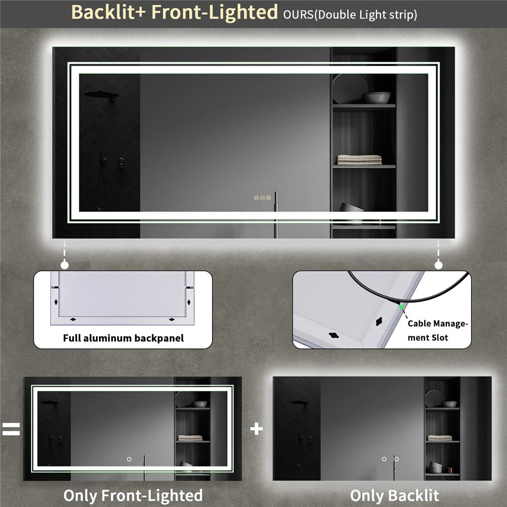 Frameless LED bathroom mirror edge detail