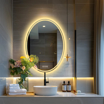 Smart frameless oval LED bathroom mirror, lit detail