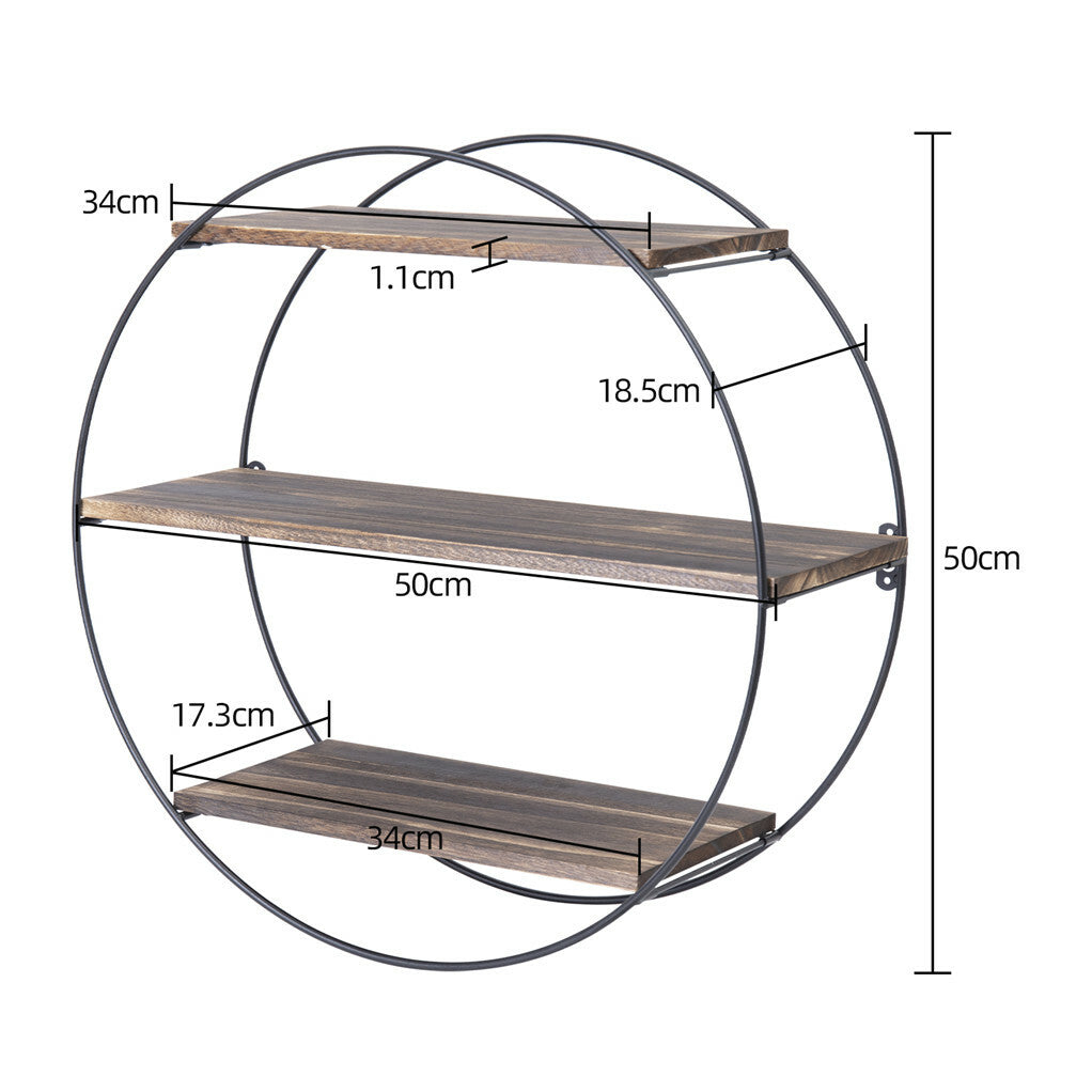 P&P Large Round Wall Unit Industrial Iron Style Retro Metal Wood Home Shelf Storage