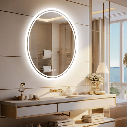 Smart frameless oval LED bathroom mirror, styled in bathroom