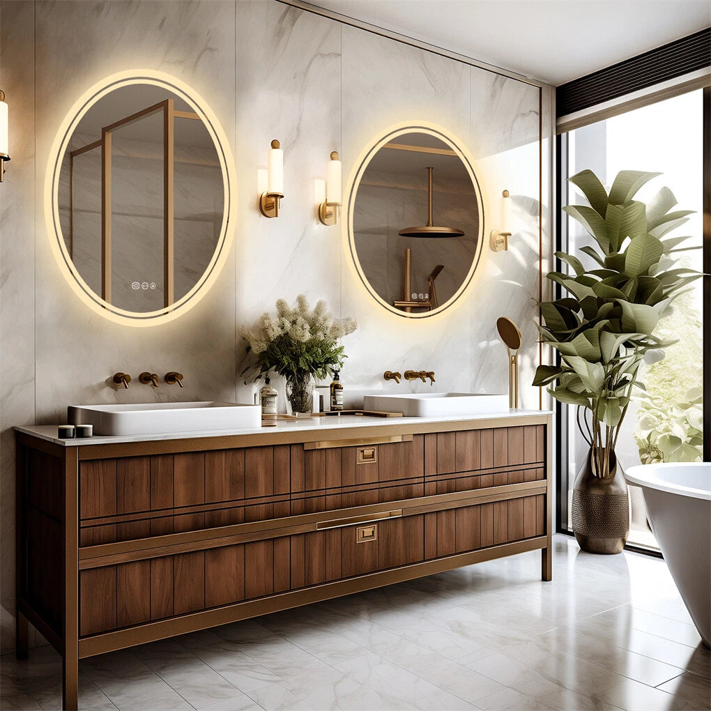 Smart frameless oval LED bathroom mirror, close-up