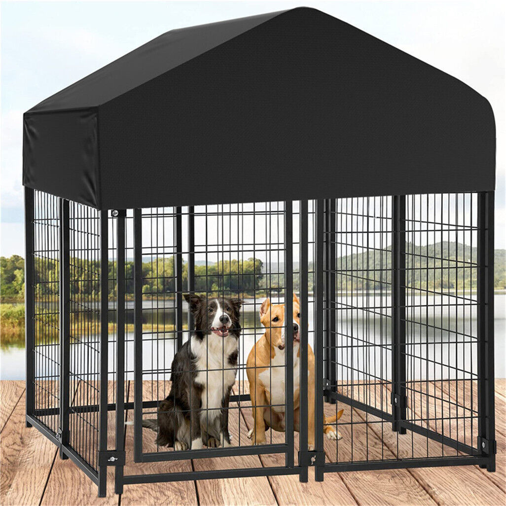 P&P Black Powder Coat Steel Frame Dog Kennel Pet Playpen Enclosure Dog House w Roof