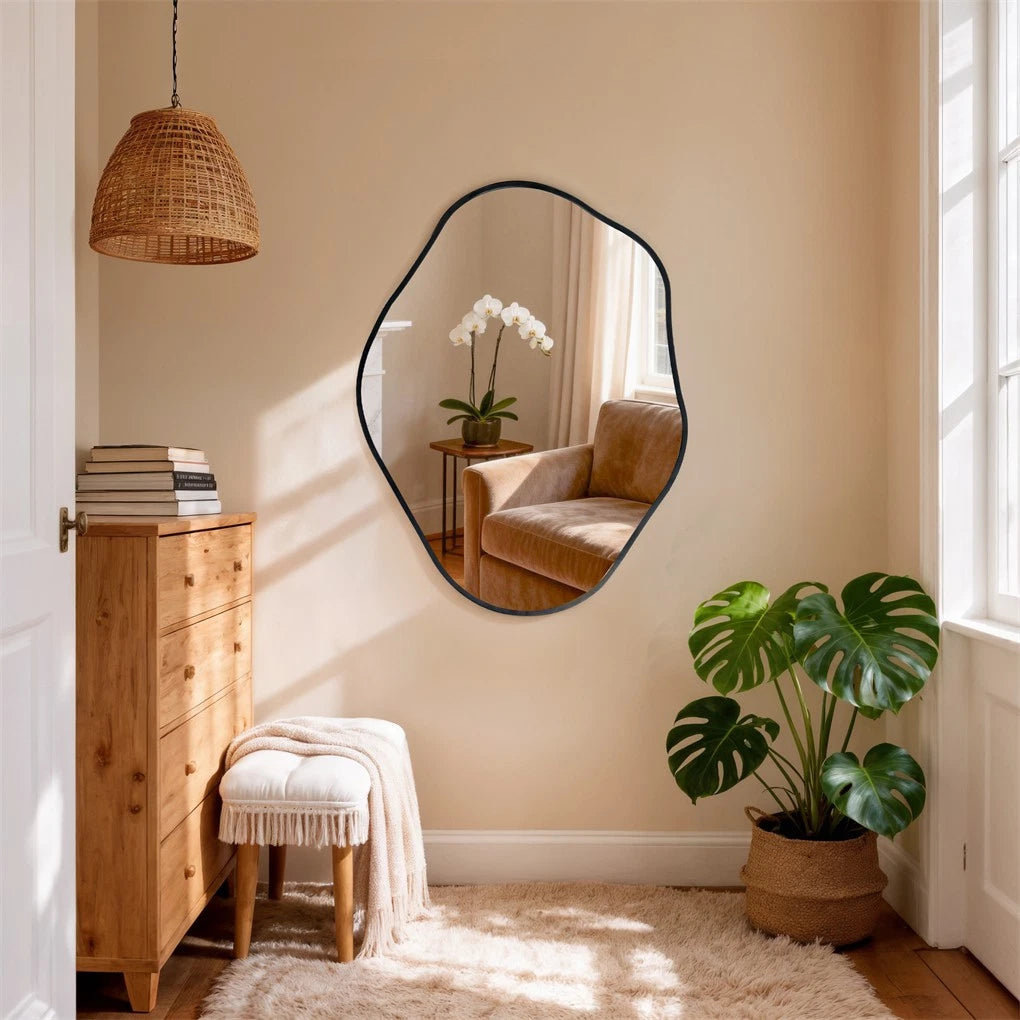 Black Frame Irregular Wall Mirror Vertical Hanging Bathroom Makeup Mirror 60x80cm