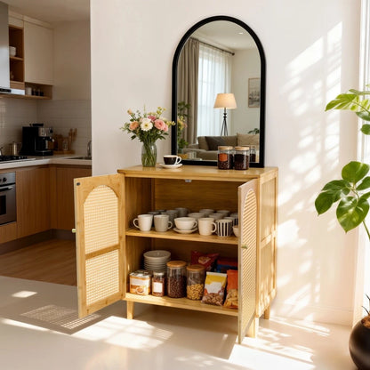 Bamboo Kitchen Buffet Sideboard Storage Cabinet XL - Modern Rattan Cupboard with Shelves for Dining Room Hallway Living Room