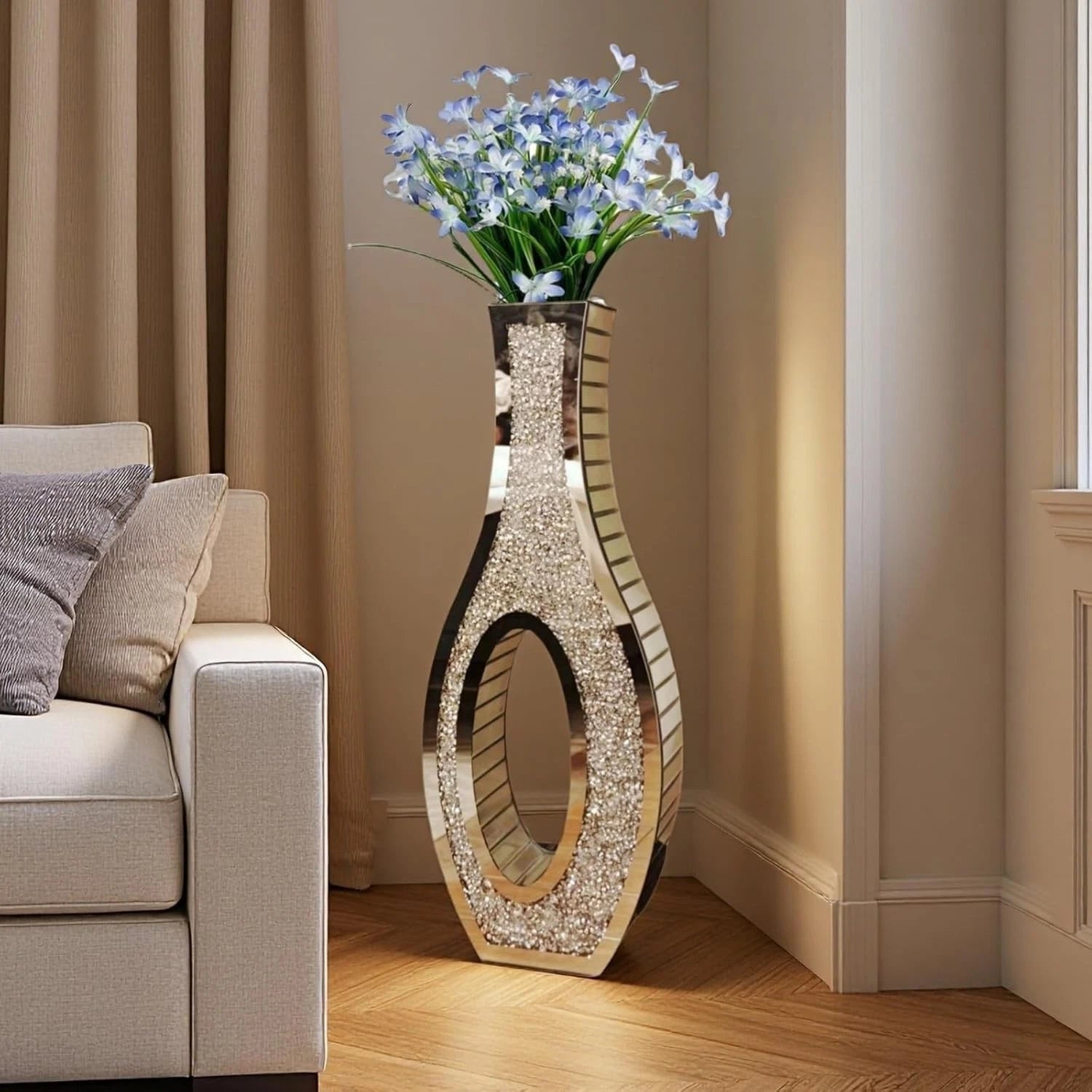 P&P 30-Inch Tall Double Sided Crushed Diamond Floor Vase Large Mirrored Silver Crystal Decor