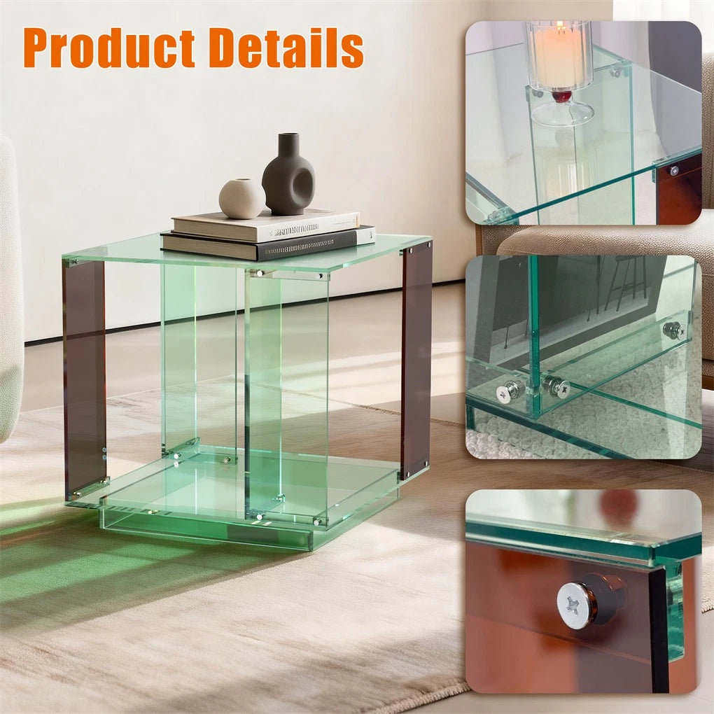 2 Tier Green Tinted Acrylic Side Table Square Bedside End Table with Open Storage