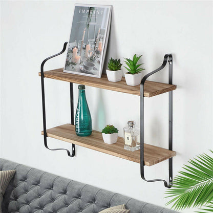 2-Layer Wood & Metal Floating Wall Shelf Stylish Home Storage Rack