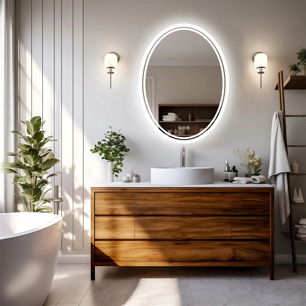 Smart frameless oval LED bathroom mirror, full product view