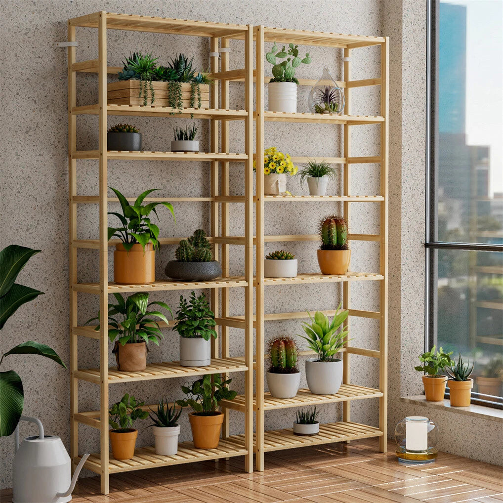 Tall Bamboo Shelf with 6 Adjustable Tiers for Books, Flowers, and Display