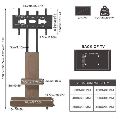 40-75 Inch Floor TV Stand with Height Adjustment & 2 Storage Shelves, Rolling Free-Standing TV Mount Bracket with Tilt, Black Steel Frame & Walnut Wood Base, Fits VESA 300ï¿½200 to 600ï¿½400mm