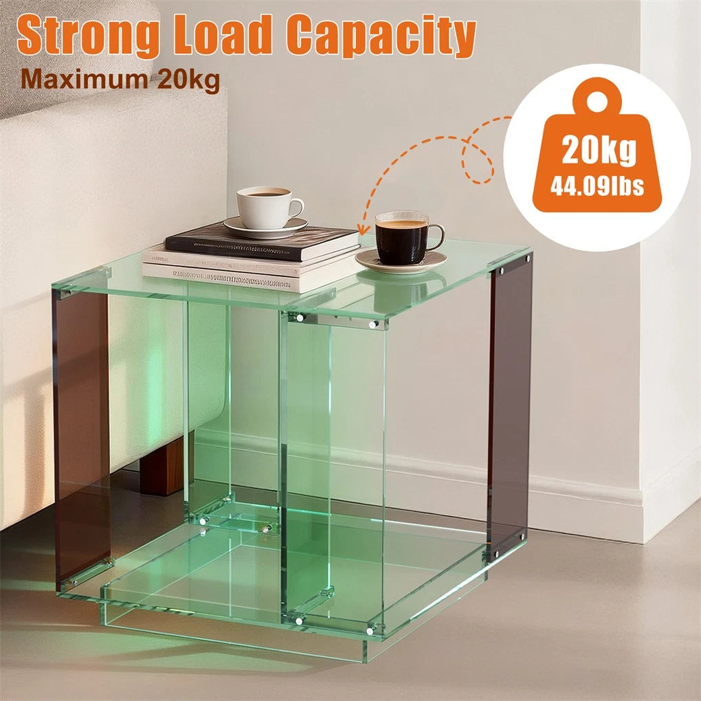 2 Tier Green Tinted Acrylic Side Table Square Bedside End Table with Open Storage